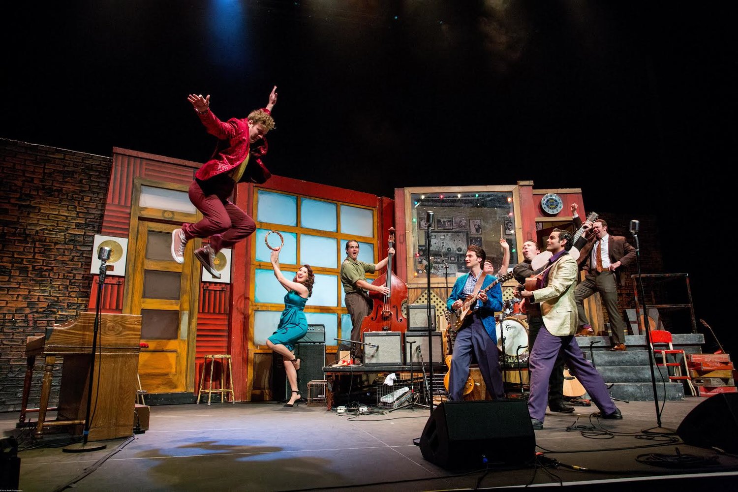 The Gateway’s “Million Dollar Quartet” opened August 4. (Left to right) Trevor Dorner (Jerry Lee Lewis), Taylor Dane (Dyanne), Justin Bendel (Brother Jay on bass), Nathan Burke (Carl Perkins on electric guitar), Mike Luccetti (Fluke on drums in back), Steven Lasiter (Johnny Cash on guitar), Jacob Barton (Elvis Presley) and San Casey Flanagan (Sam Phillips pumping his fist) play an exuberant encore.